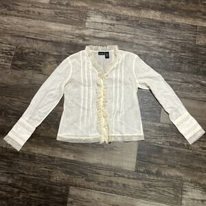 Women’s Shirt, Ivory Semi Sheer Long Sleeve Lace Ruffle Detail Sz 6 V-Neck